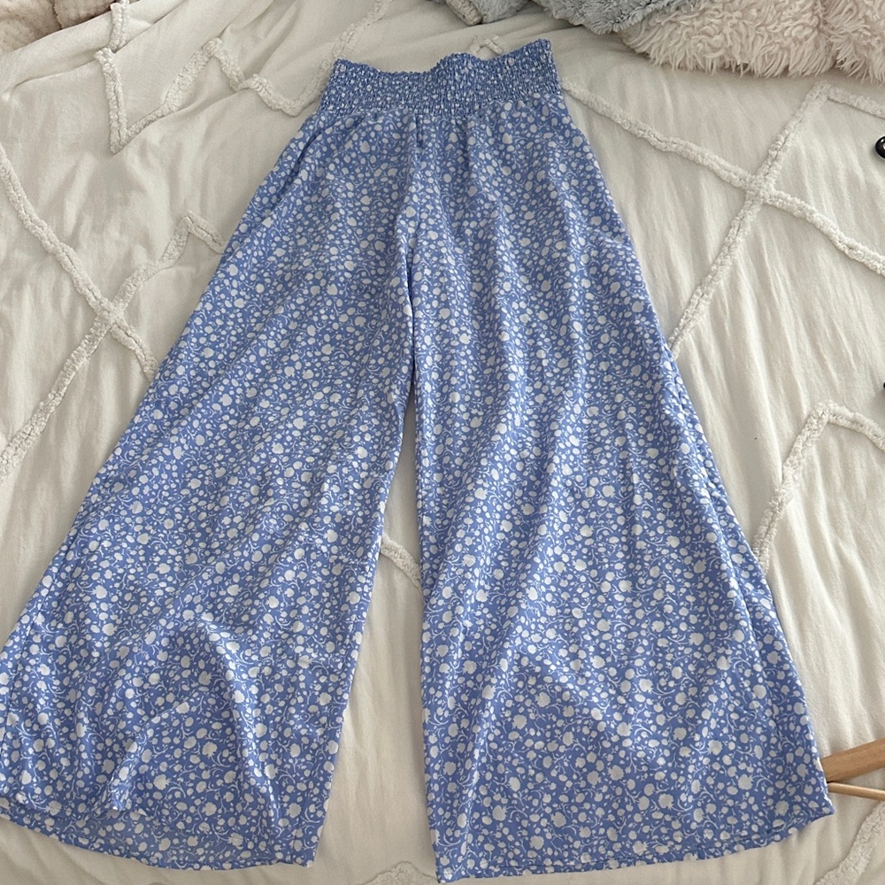 Sienna Sky Light Blue Floral Pants with Smocked Waist